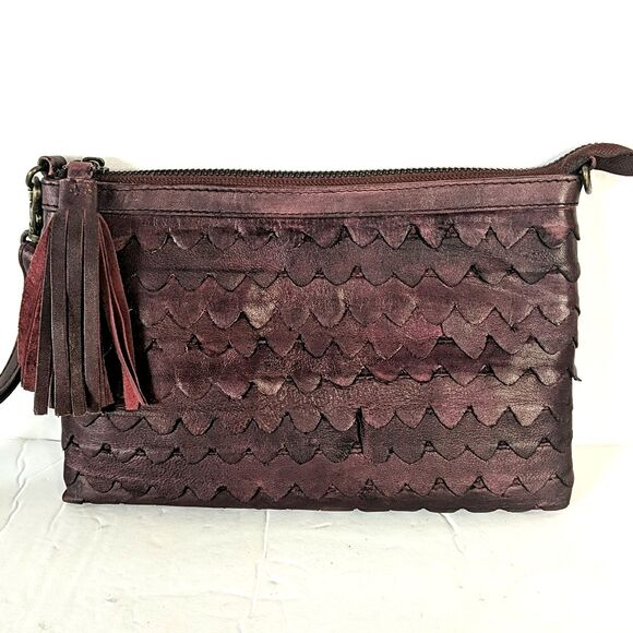 Burgundy Purple Mermaid Leather Zip Top Wristlet Pouch Tassel Crossbody Bag - Picture 1 of 7